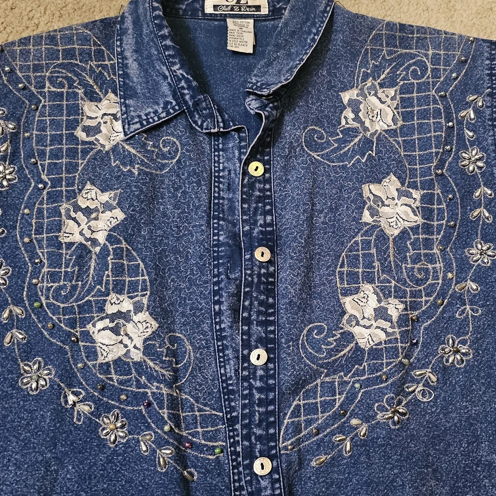 Blue Denim Shirt with White Embroidery - Picture 2 of 4